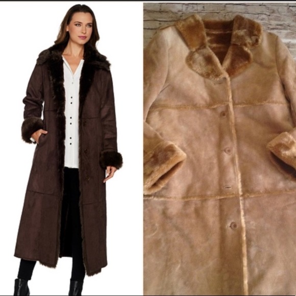 Long Leather Suede Faux Fur Lined Coat 